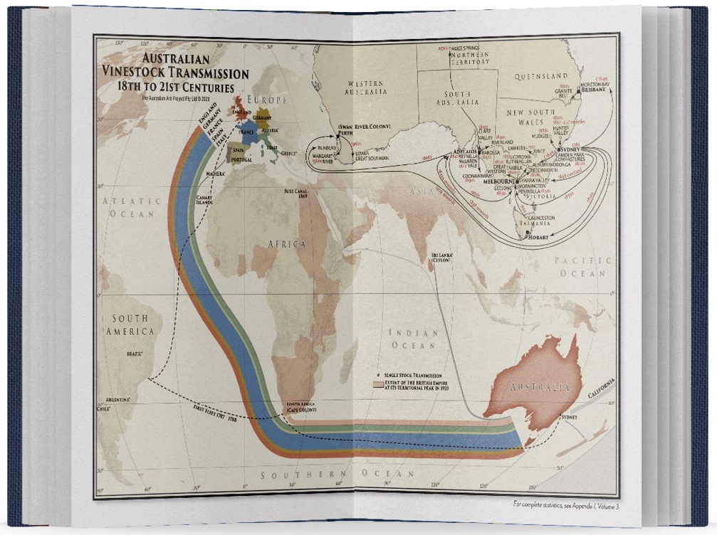 Book open to map showing Australian transmission of vine material