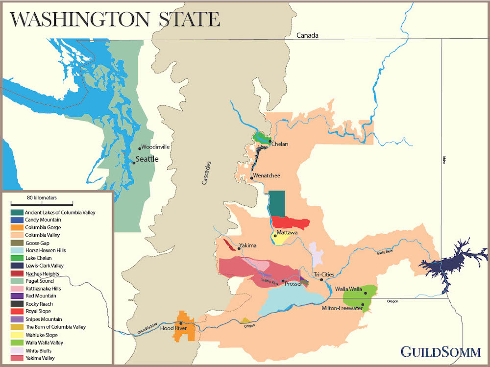 Map of Washington State with wine regions labeled