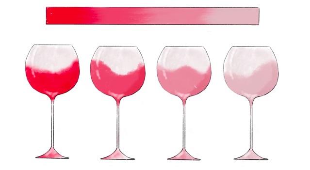 Wine glasses with red to light pink liquid inside to demonstrate decreasing saturation